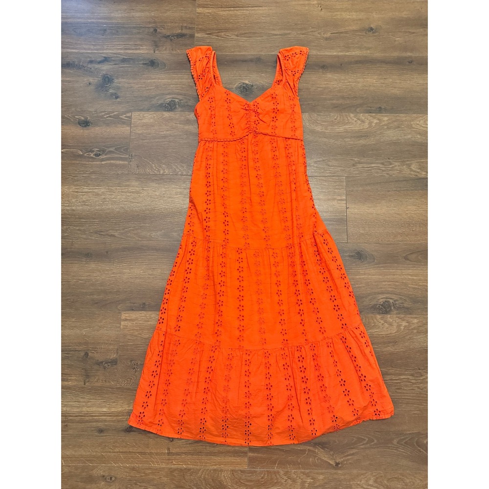 Japna Women Orange Eyelet Tiered Maxi Dress Ruffle Sleeve Smocked Back XS